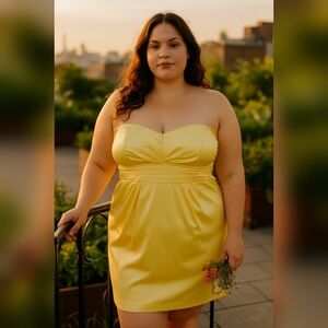 Snap Women's Strapless Ruched Bodice Yellow Mini Dress with Pockets Size 20w